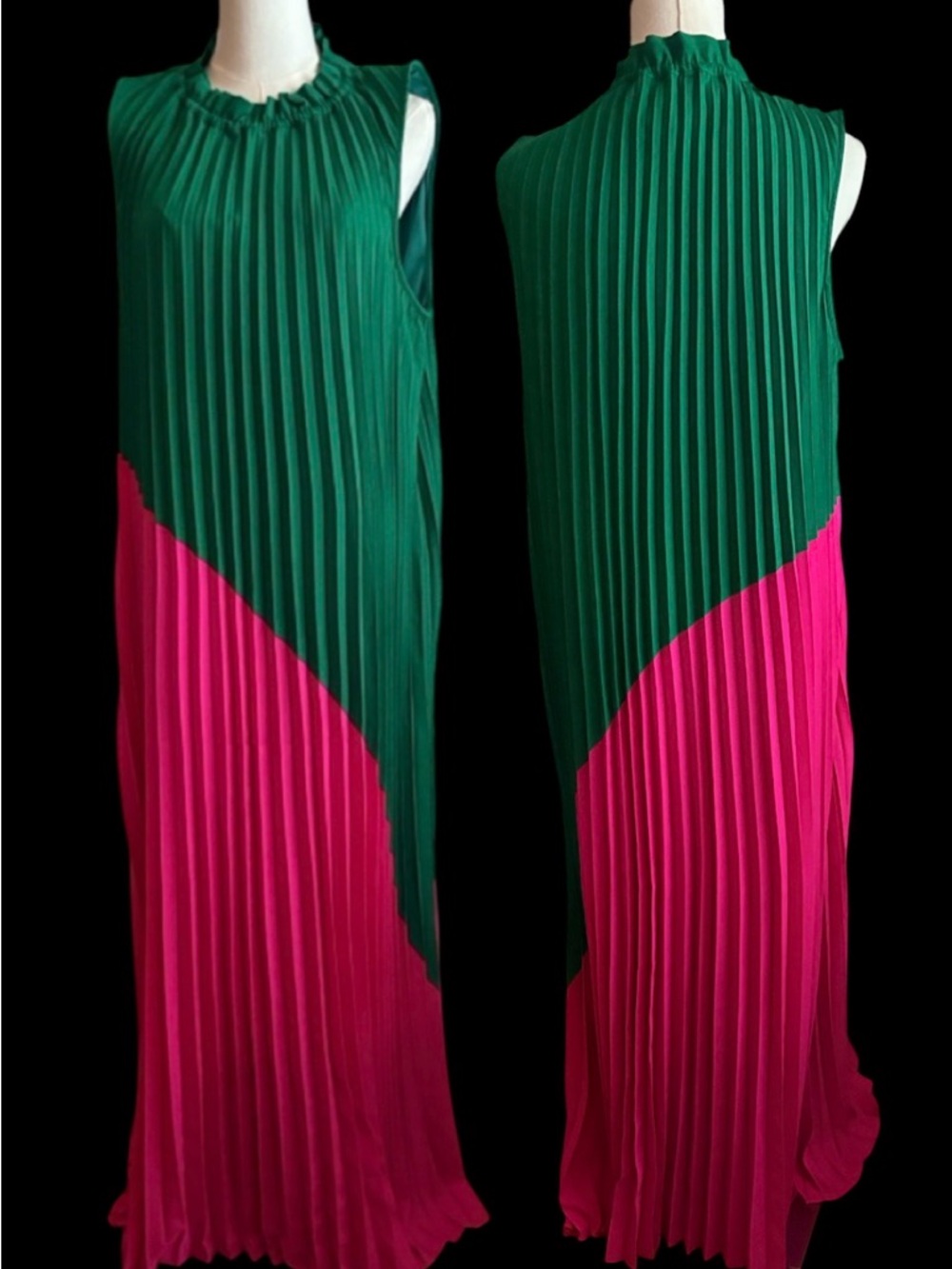 STS to Sable Two-Tone Pleated Maxi Dress in Green and Hot Pink - Picture 2 of 4
